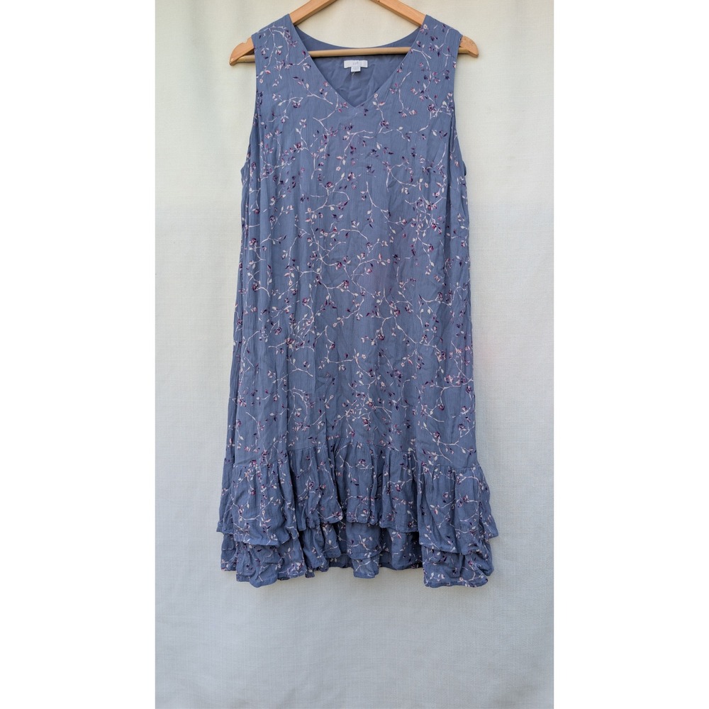 JJill Sundress Womens L Petite Blue Floral Sleeveless Tiered Flounce Boho
